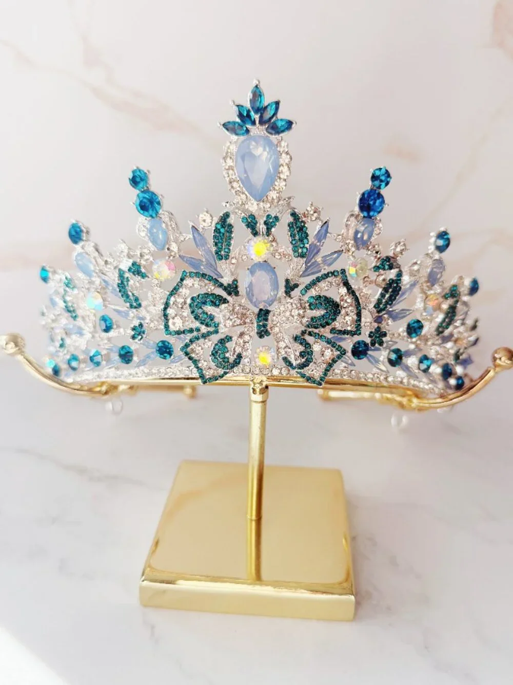 Blue Crystal Tiara Crown, Silver Crystal Bridal Wedding Pageant Prom Headpiece